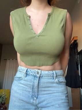 BDG Light Green Ribbed Henley Crop Top